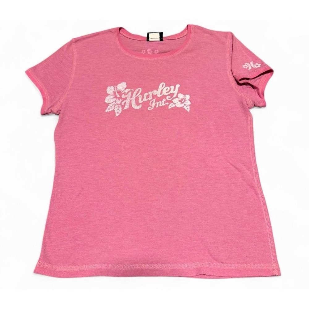 Vintage Hurley Int'l Women's Pink Hibiscus Logo T-Shirt Y2K Surf Skate Medium
